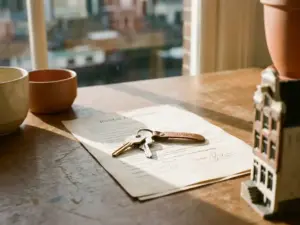House keys and small model home resting on a signed rental agreement on a wooden desk, warm afternoon light, Amsterdam apartment setting.
