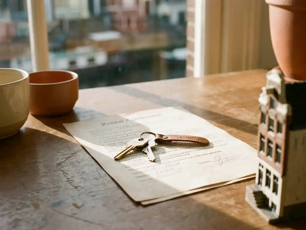 House keys and small model home resting on a signed rental agreement on a wooden desk, warm afternoon light, Amsterdam apartment setting.