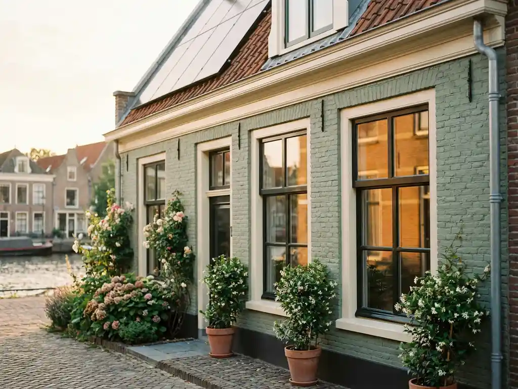 Sage-green Dutch canal house with solar panels, double-glazed windows, and blooming entrance garden in warm afternoon sunlight.