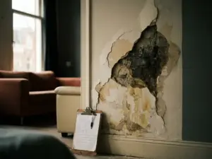 Cracked Amsterdam apartment wall with peeling plaster revealing water damage, property inspection clipboard resting against the baseboard.