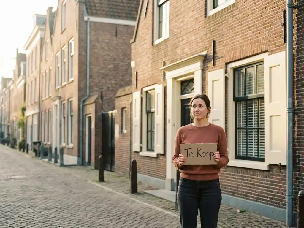 Homeowner holding a handwritten Te Koop sign outside an Amsterdam canal house on a cobblestone street in warm afternoon light.