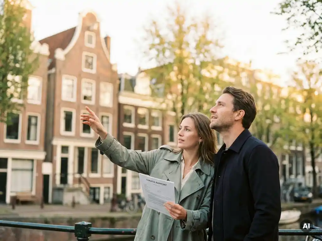 Aankoopmakelaar bespreekt woningwaarderapport met klant voor historisch Amsterdams grachtenpand van terracottakleurige baksteen.