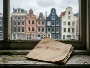 Afgewezen hypotheekaanvraag op een verweerde vensterbank met Amsterdamse grachtenpanden op de achtergrond.