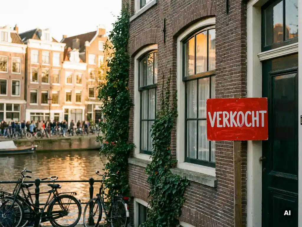Amsterdams grachtenpand met klimop en rood Verkocht-bord naast de voordeur, gouden middaglicht op de Amstel op de achtergrond.