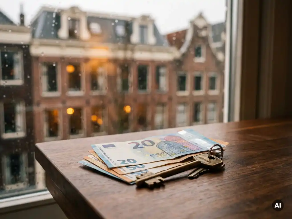 Stapel eurobiljetten en een messing huissleutel op houten tafel, met wazige Amsterdamse grachtenpand gevel op de achtergrond.
