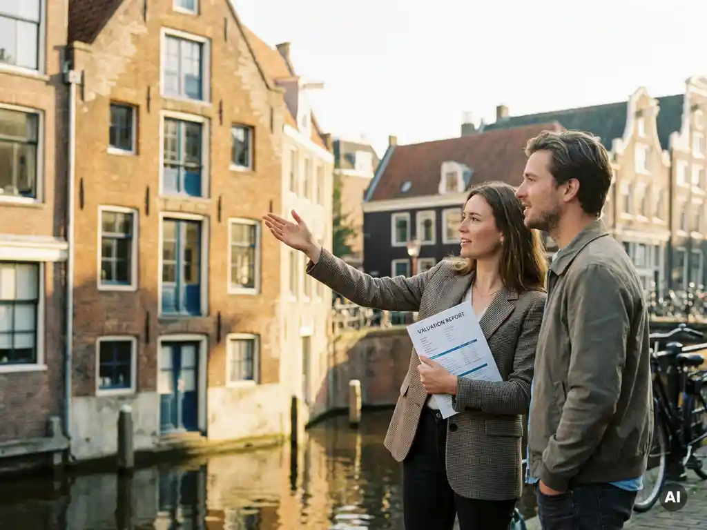 Makelaar en klant bij Amsterdams grachtenpand, agent wijst naar bakstenen gevel met taxatierapport in hand, gouden middaglicht op het water.