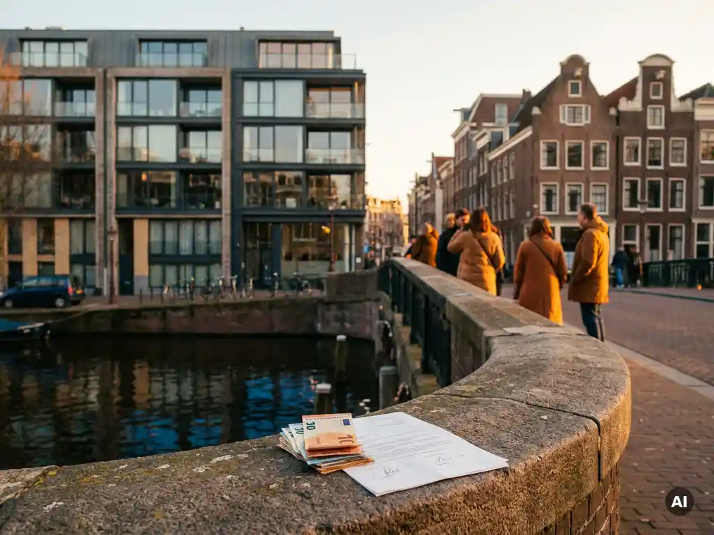 Moderne Amsterdamse canalwoning met bakstenen gevel, eurobiljetten en biedingsdocument op brugbalustrade in goudkleurig middaglicht.