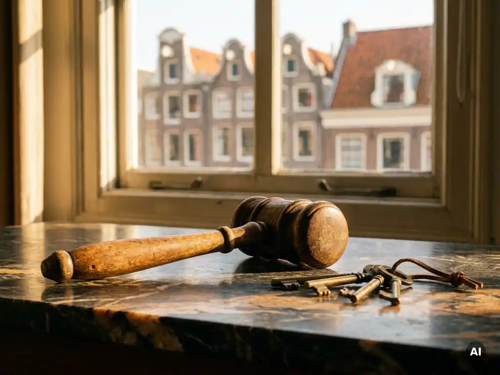 Versleten houten veilinghamer en messing sleutels op marmeren ondergrond, met Amsterdamse grachtenpanden op de achtergrond.