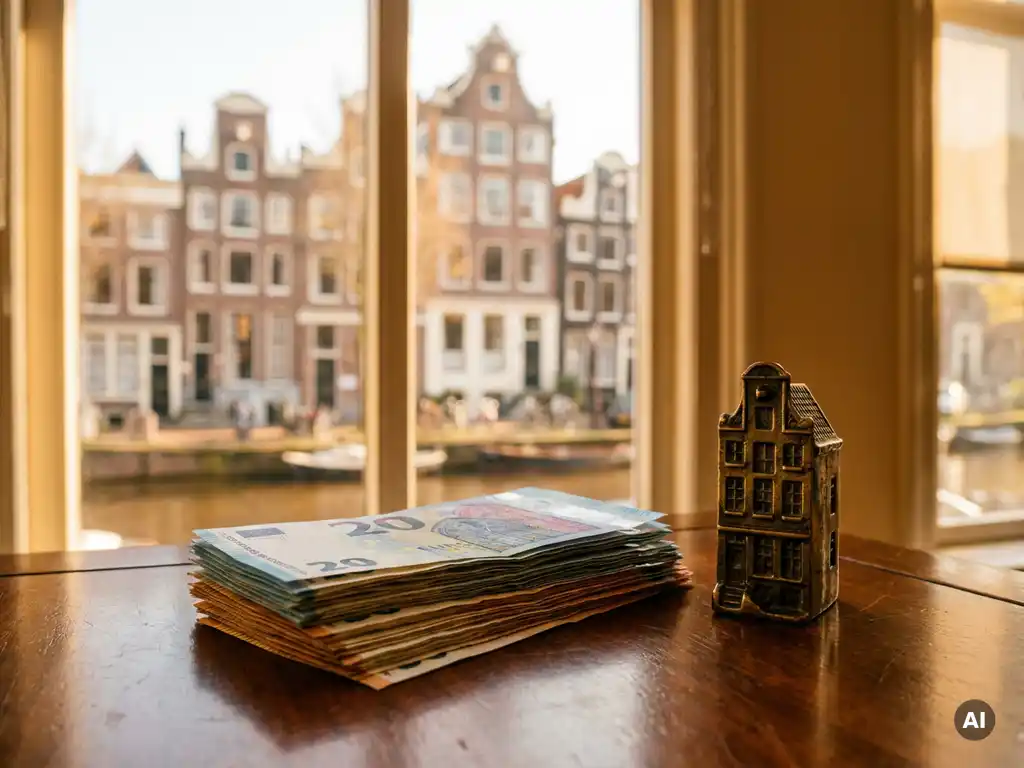 Stapel eurobiljetten en messing huisje op houten tafel, met Amsterdamse grachtenpanden op de achtergrond.