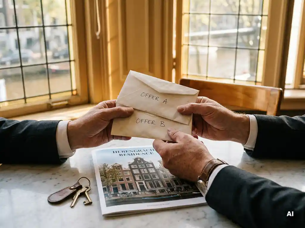 Twee handen met concurrerende biedingen boven een brochure van een Amsterdams grachtenpand, met sleutels op marmeren ondergrond.