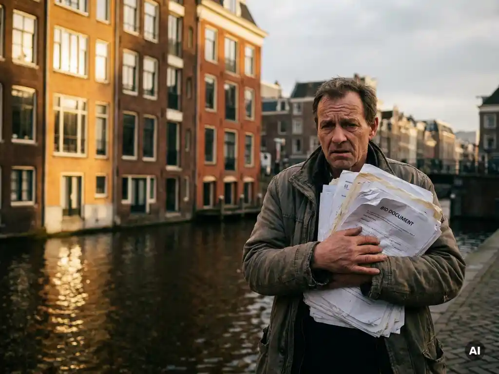Bezorgde koper met omvangrijk biedingsdocument voor Amsterdams grachtenpand in gouden middaglicht.
