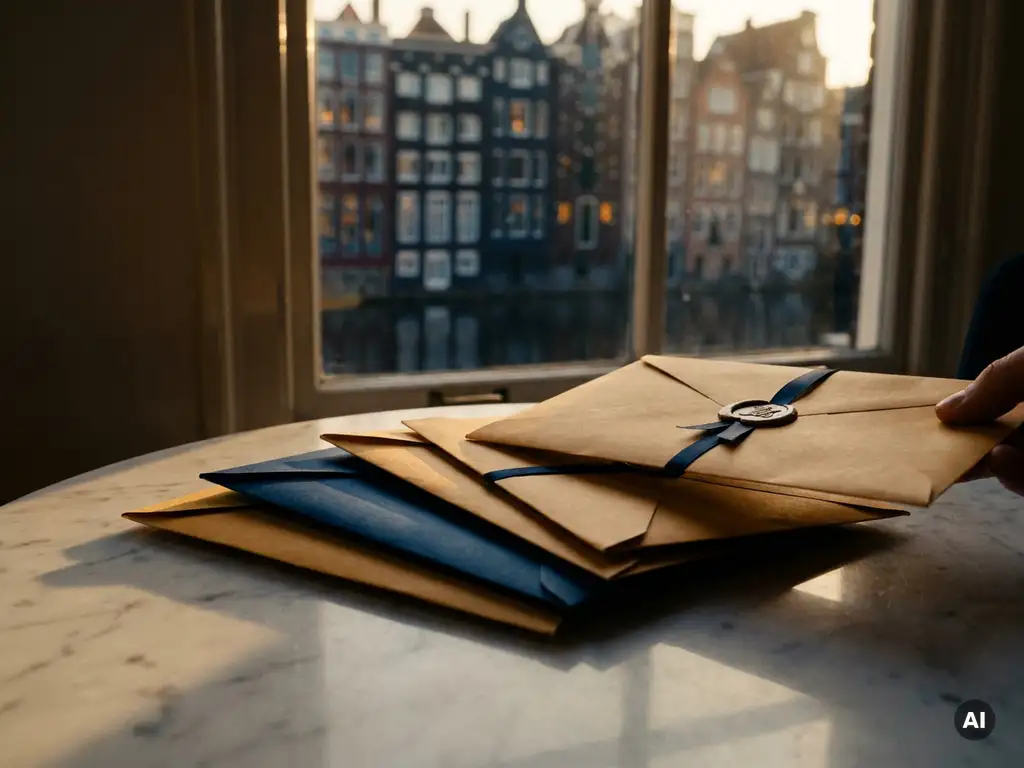 Meerdere gesloten enveloppen uitgewaaierd op marmeren ondergrond, één omhoog geheven, met Amsterdamse grachtenpanden op de achtergrond.