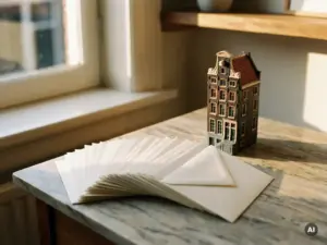 Gestapelde witte enveloppen op marmeren oppervlak naast miniatuur Amsterdams grachtenpand, warm goudkleurig middaglicht.