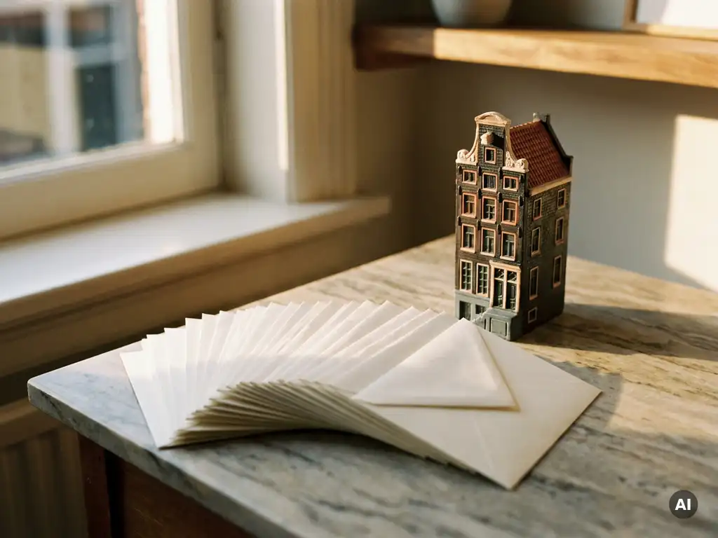 Gestapelde witte enveloppen op marmeren oppervlak naast miniatuur Amsterdams grachtenpand, warm goudkleurig middaglicht.