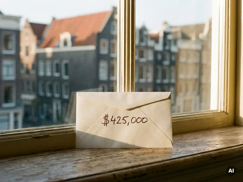 Verzegelde witte envelop met bod op houten vensterbank van Amsterdams grachtenpand, met wazige gevels op de achtergrond.