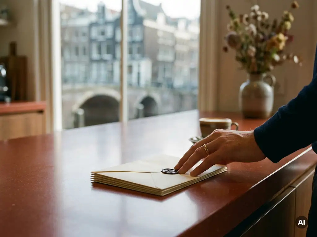 Hand plaatst bod op aanrecht van Amsterdams grachtenpand met zicht op gracht, warm middaglicht en terracotta tinten.