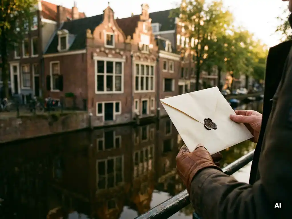 Makelaar houdt biedingsdocument voor klassieke Amsterdamse grachtenpand met bakstenen gevel en waterreflectie in warm middaglicht.