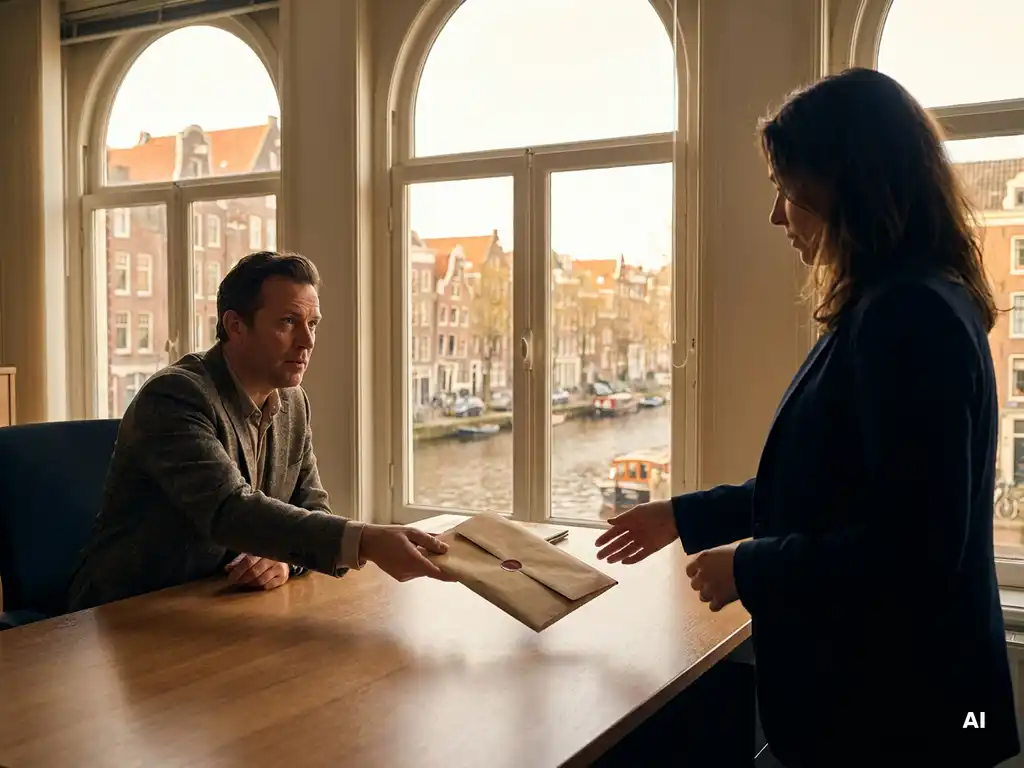 Koper overhandigt gesloten bod aan makelaar, met zonnig Amsterdams grachtenpand zichtbaar door de ramen op de achtergrond.