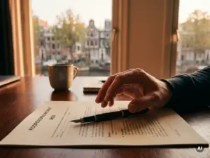 Hand boven een bod op een woning in Nederland, met Amsterdamse grachtenpanden zichtbaar door het raam op de achtergrond.