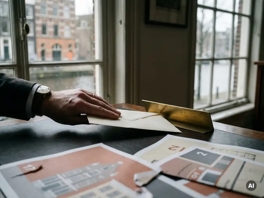 Hand plaatst bod-envelop op notarisbureau in Amsterdam, met vergelijkbare woningprijzen en grachtenpand op achtergrond.