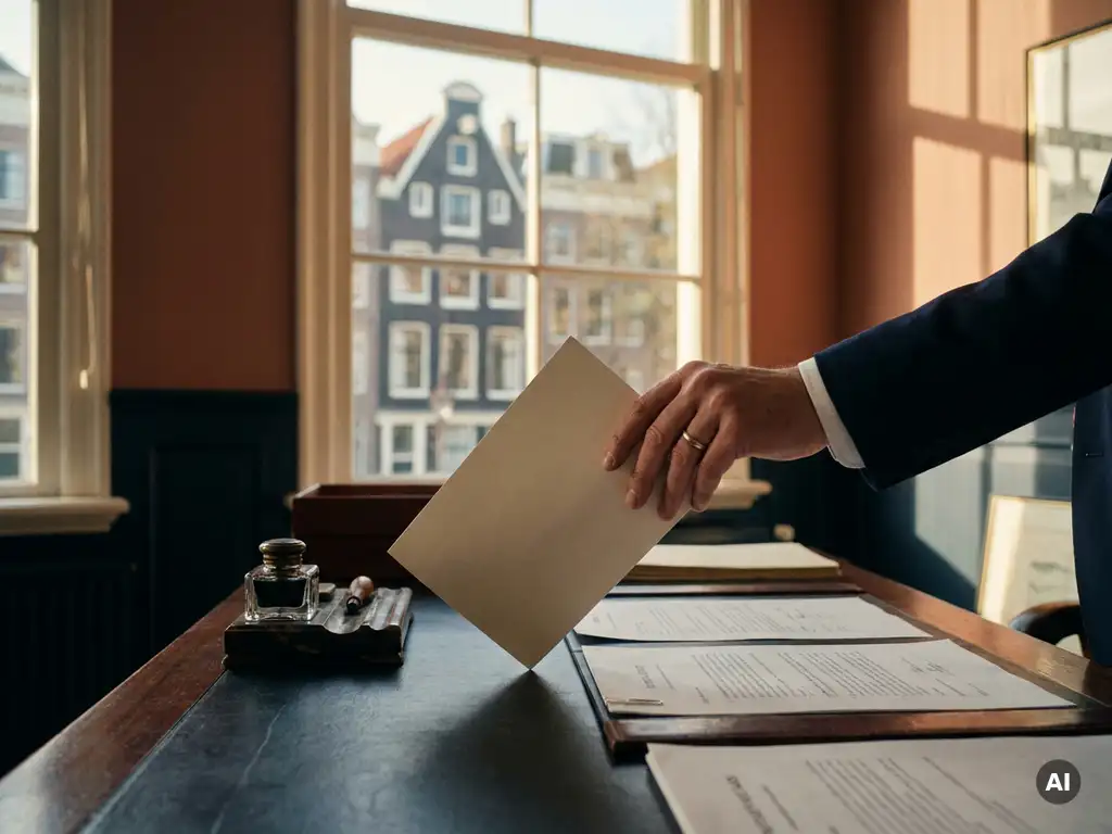 Gespannen hand die een bod uitbrengt op een notarisbureau in Amsterdam, met kanaalpanden zichtbaar door hoge ramen op de achtergrond.