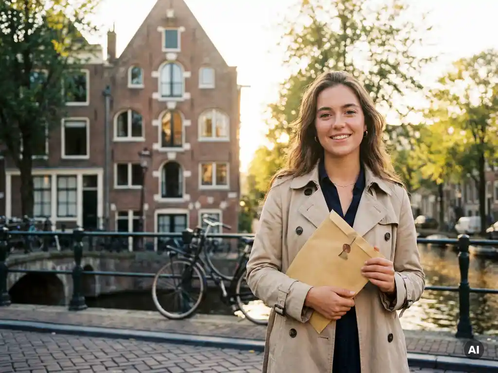 Eerste koper houdt biedingsbrief vast voor smalle Amsterdamse grachtenpand met bakstenen gevel en boogvensters in warm middaglicht.