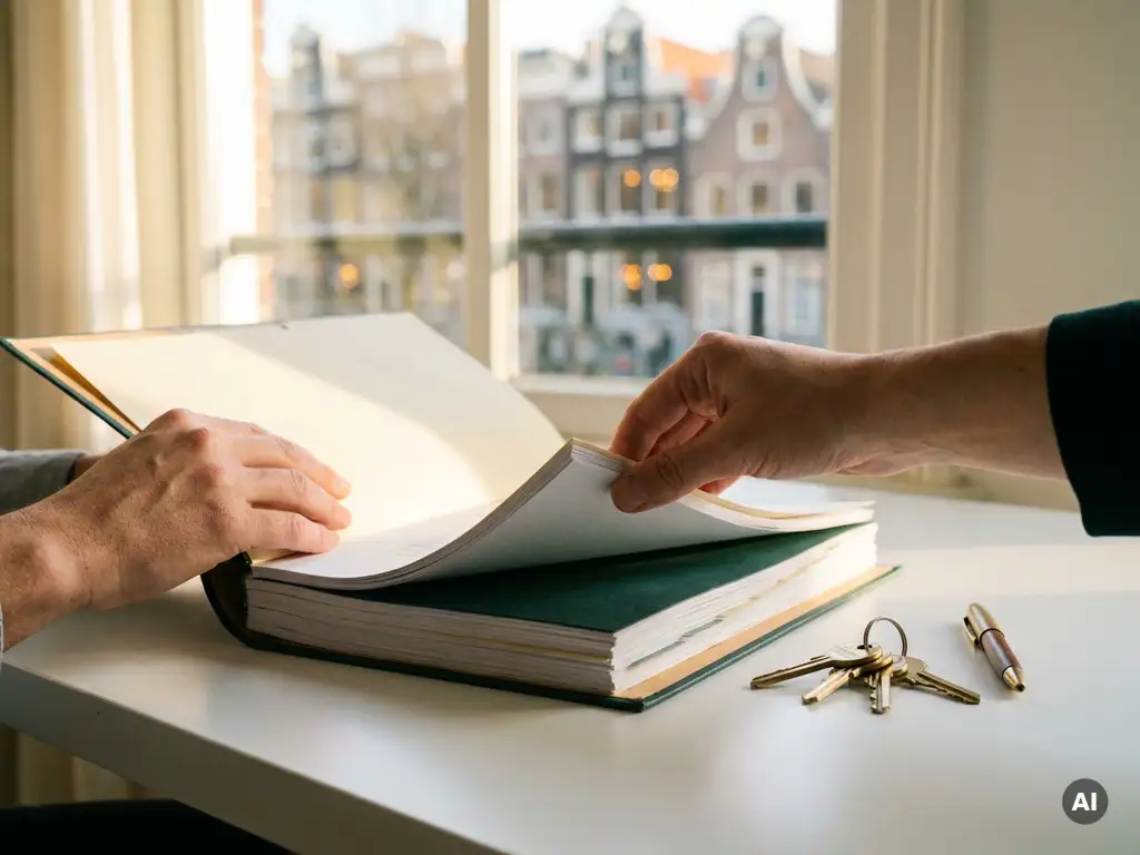 Hand bladert door dik eigendomsdossier op wit bureau, met Amsterdamse grachtenpanden zichtbaar door raam en huissleutels ernaast.