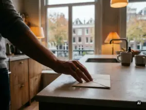Witte envelop op keukenblad van Amsterdams appartement, met wazig grachtenvenster en herfstbomen op de achtergrond.