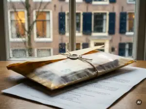Dik verzegelde envelop gevuld met eurobiljetten op een notarieel document, met een Amsterdams grachtenpand zichtbaar door een regenachtig raam.