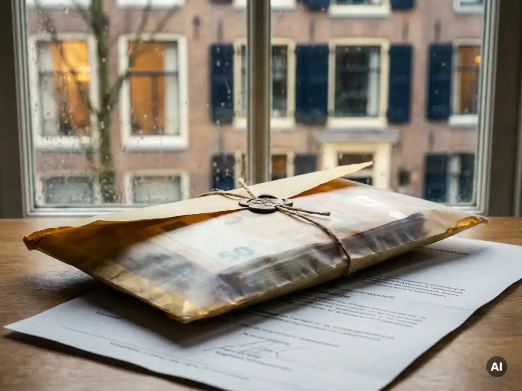 Dik verzegelde envelop gevuld met eurobiljetten op een notarieel document, met een Amsterdams grachtenpand zichtbaar door een regenachtig raam.