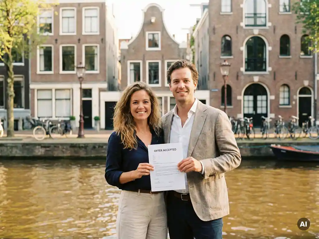 Expat stel houdt getekend koopcontract vast voor een Amsterdams grachtenpand met smalle bakstenen gevels en boogvensters.