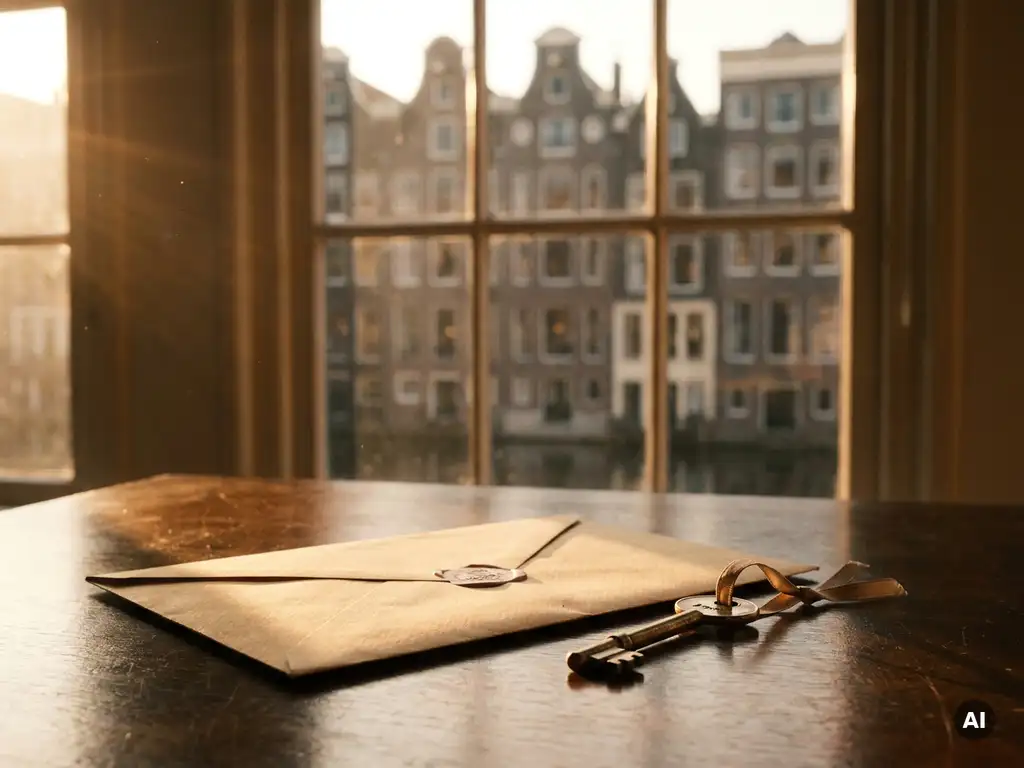 Verzegelde envelop en huissleutel op houten tafel, met Amsterdamse grachtenpanden zichtbaar door een onscherp raam op de achtergrond.