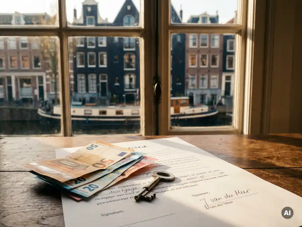Eurobiljetten en huissleutel op een getekend hypotheekdocument, met wazig Amsterdams grachtenpand op de achtergrond.