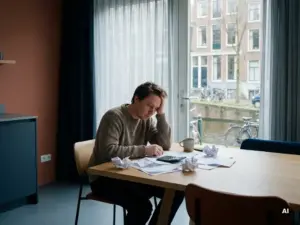 Gestresste huiseigenaar aan keukentafel met hypotheekdocumenten en rekenmachine, Amsterdams grachtenpand met uitzicht op bakstenen gevels.