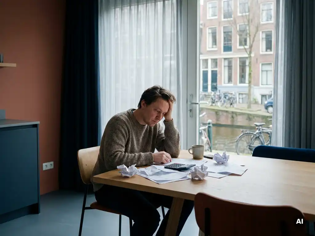 Gestresste huiseigenaar aan keukentafel met hypotheekdocumenten en rekenmachine, Amsterdams grachtenpand met uitzicht op bakstenen gevels.