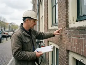 Bouwkundige inspecteur onderzoekt de bakstenen gevel van een Amsterdams grachtenpand met klembord in hand.