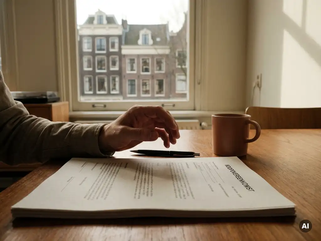 Hand aarzelt boven pen naast Nederlands koopcontract op bureau, met wazige Amsterdamse grachtenpand op achtergrond.