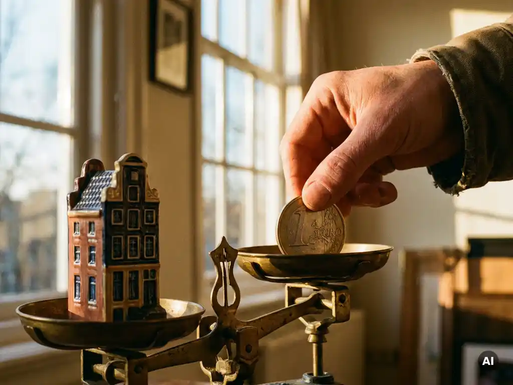 Hand die een grote euromunt op een kantelende weegschaal legt, tegenover een miniatuur Amsterdams grachtenpand, warm middaglicht.