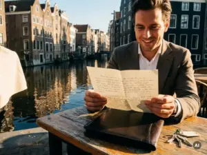 Makelaar bekijkt een bod aan een Amsterdamse gracht, historische gevels weerspiegeld in het water, leren portfolio en sleutels op tafel.
