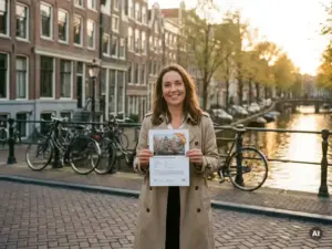 Makelaar met woningbrochure op zonnige Amsterdamse gracht, omgeven door smalle grachtenpanden en fietsen in warm middaglicht.