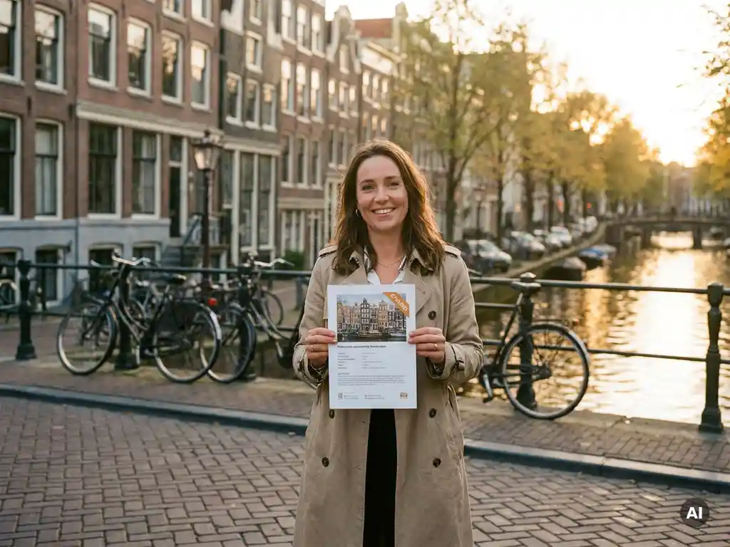 Makelaar met woningbrochure op zonnige Amsterdamse gracht, omgeven door smalle grachtenpanden en fietsen in warm middaglicht.