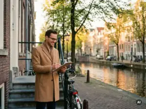 Aankoopmakelaar met klembord bij ingang van Amsterdams grachtenpand, gouden middaglicht weerspiegeld in de gracht.