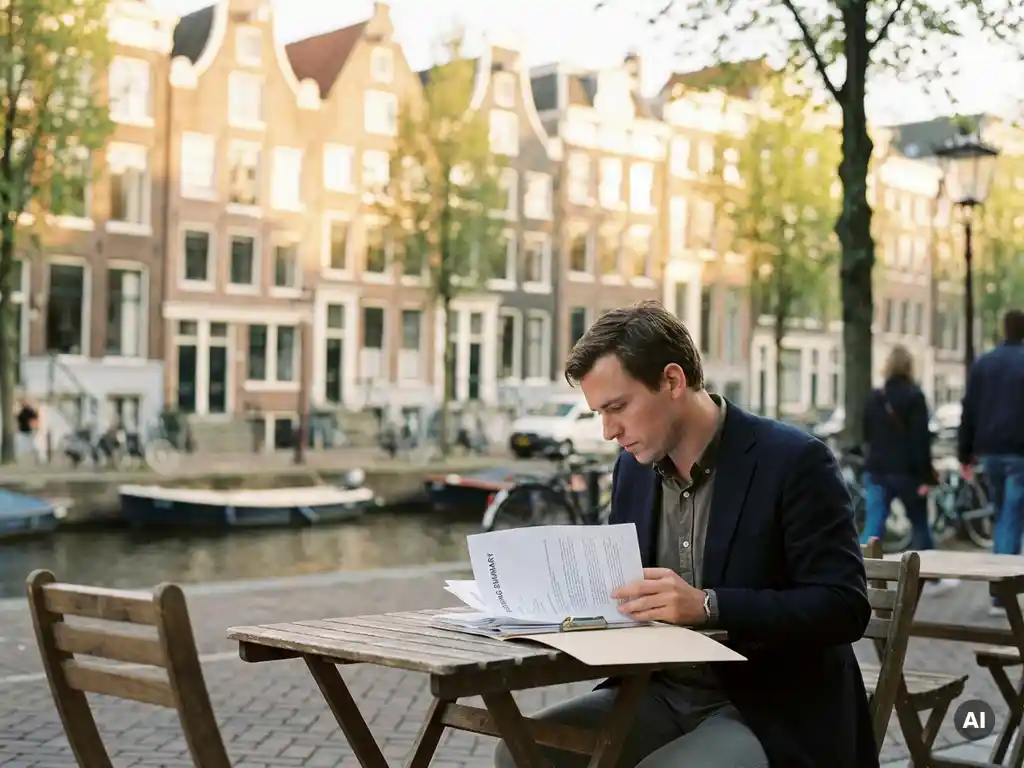 Makelaar in blazer bestudeert biedingsdocument op terras langs Amsterdamse gracht met trapgevels op de achtergrond.
