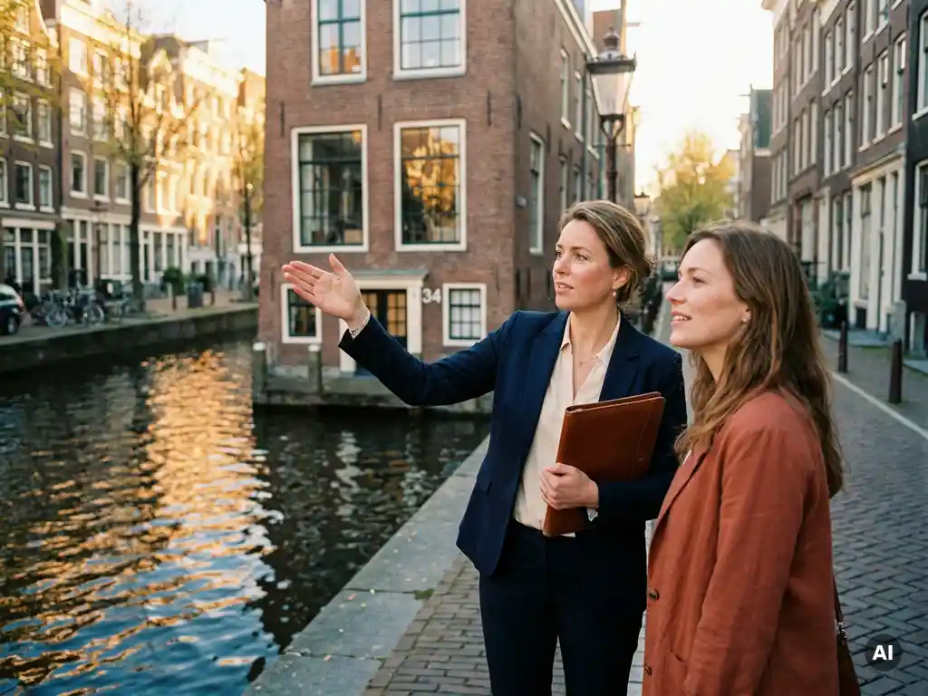 Makelaar en koper bij Amsterdams grachtenpand met rode bakstenen gevel, gouden middaglicht weerspiegeld in het water.