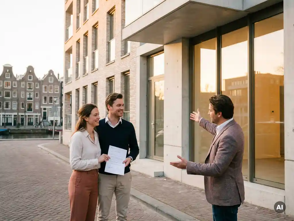 Stel houdt getekend koopcontract voor nieuw Amsterdams grachtenpand met vloer-tot-plafond ramen, begeleid door makelaar.