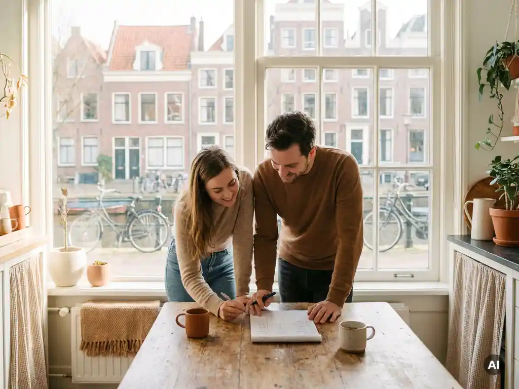 Stel bekijkt bod op notitieblok aan houten keukentafel met Amsterdamse gracht en grachtenpanden zichtbaar door raam.
