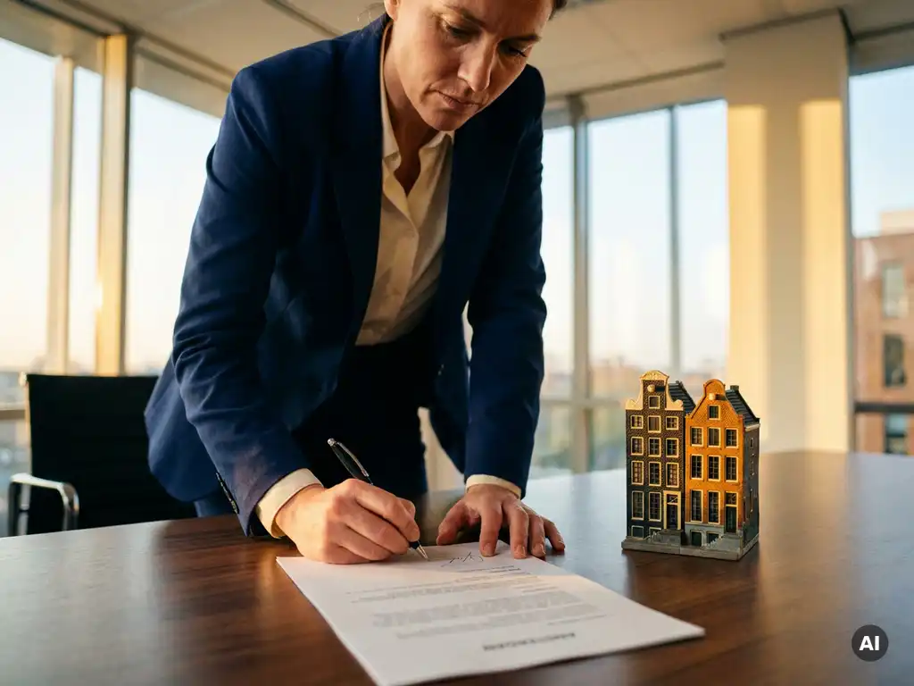 Persoon ondertekent officiële documenten aan modern bureau met miniatuur Amsterdams grachtenpand, warm middaglicht.