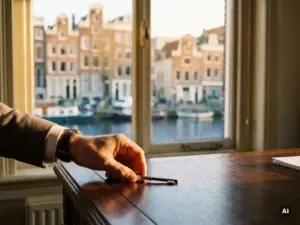 Hand legt huissleutel op notarisbureau met zicht op Amsterdamse grachtenhuizen op de achtergrond.