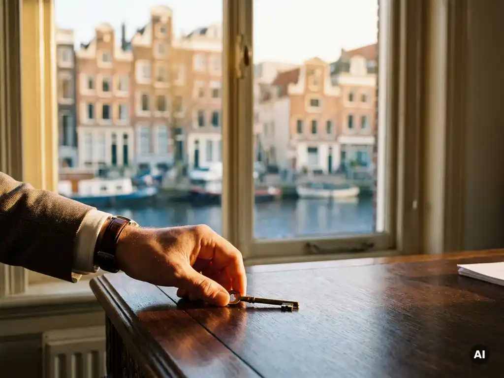 Hand legt huissleutel op notarisbureau met zicht op Amsterdamse grachtenhuizen op de achtergrond.
