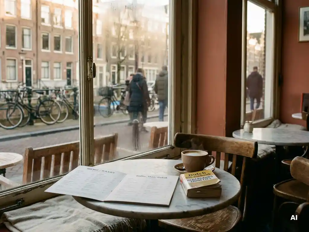 Tweetalig menu en Nederlands taalgidsje op een marmeren cafétafel in Amsterdam, met een dampende koffie en fietsen zichtbaar door het raam.